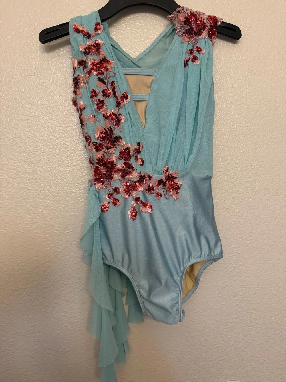 Glamour solo dance costume aqua blue lyrical contemporary mesh dress SA